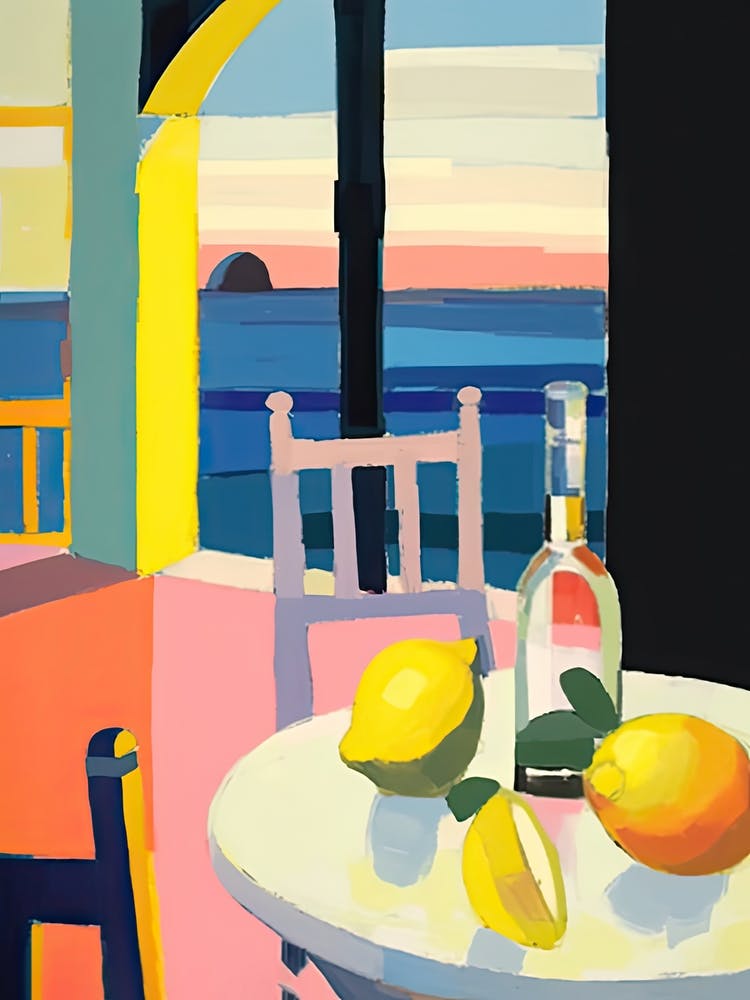 Painting Of A Lemons And Wine, Frenchch Riviera View, Checkered Cloth, Matisse Style 5
