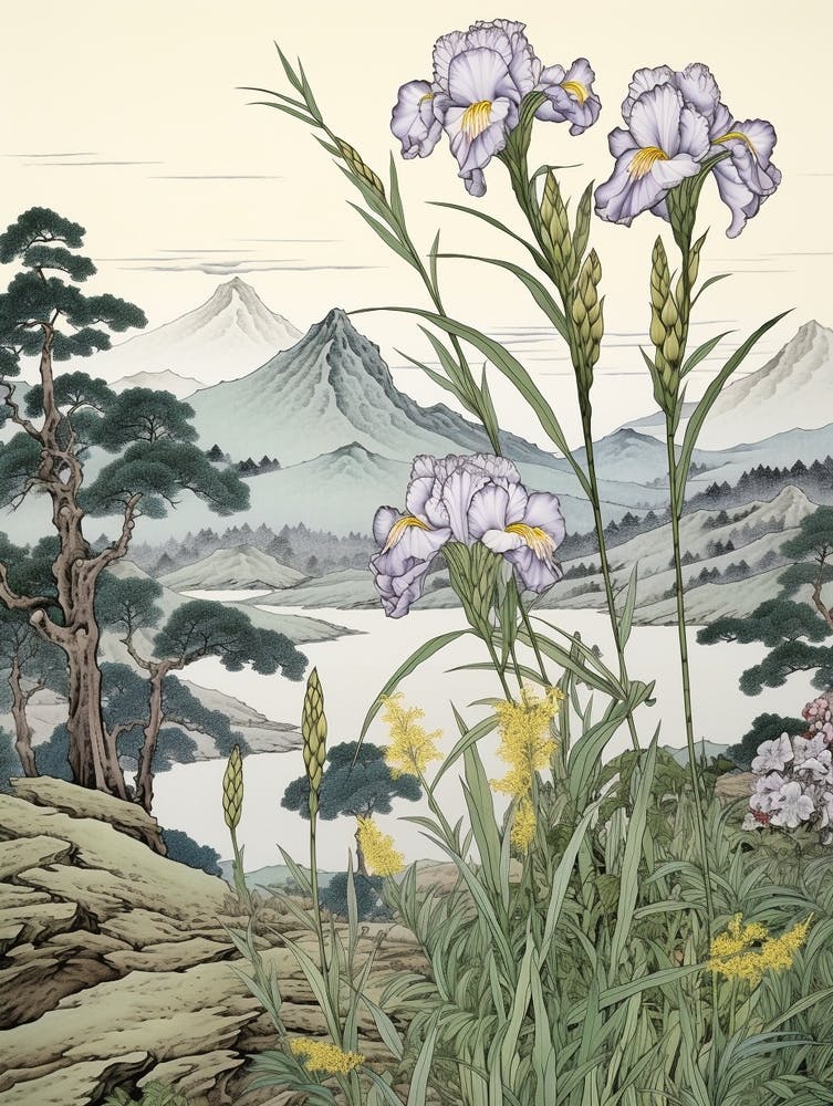 Hanashobu Japanese Water Iris 2 Japanese Botanical Illustration