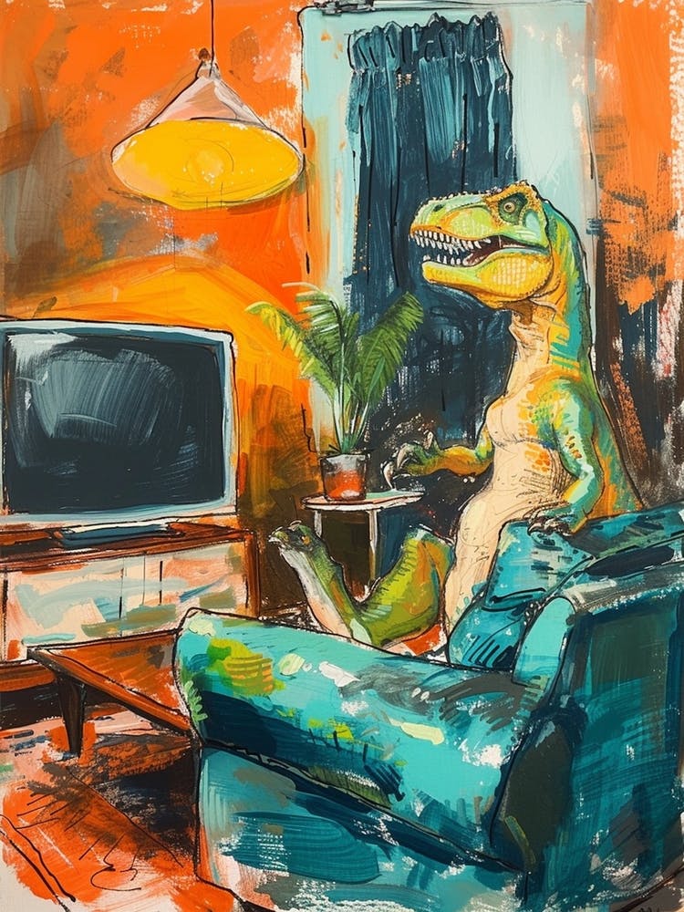 Dinosaure Regardant la Télévision Bleu Vert Orange 1