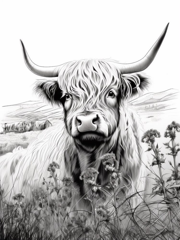 Black & White Illustration Of Highland Cow With Wild Flowers
