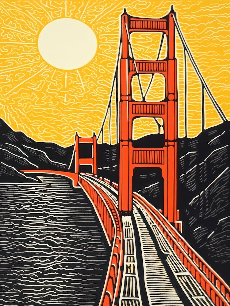 Golden Gate San Francisco Linocut Illustration Style 2