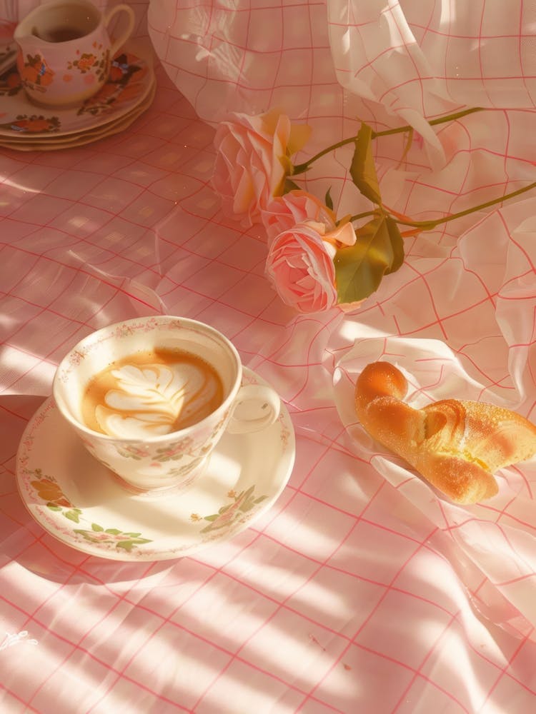 Pink Breakfast Food Yogurt, Coffee And Bread 1