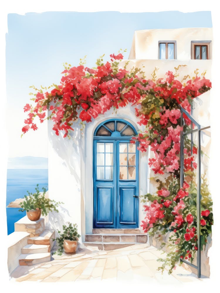 Santorini, Greece   Mediterranean Doors Watercolour Painting 4