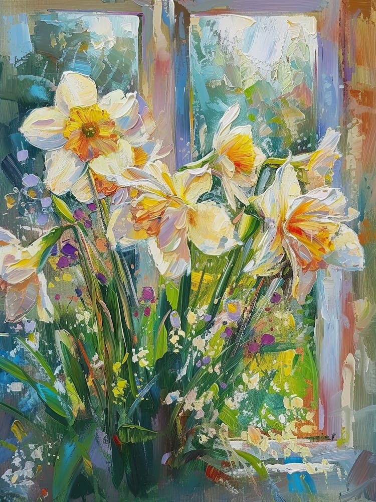 Daffodil Flowers On A Cottage Window 2