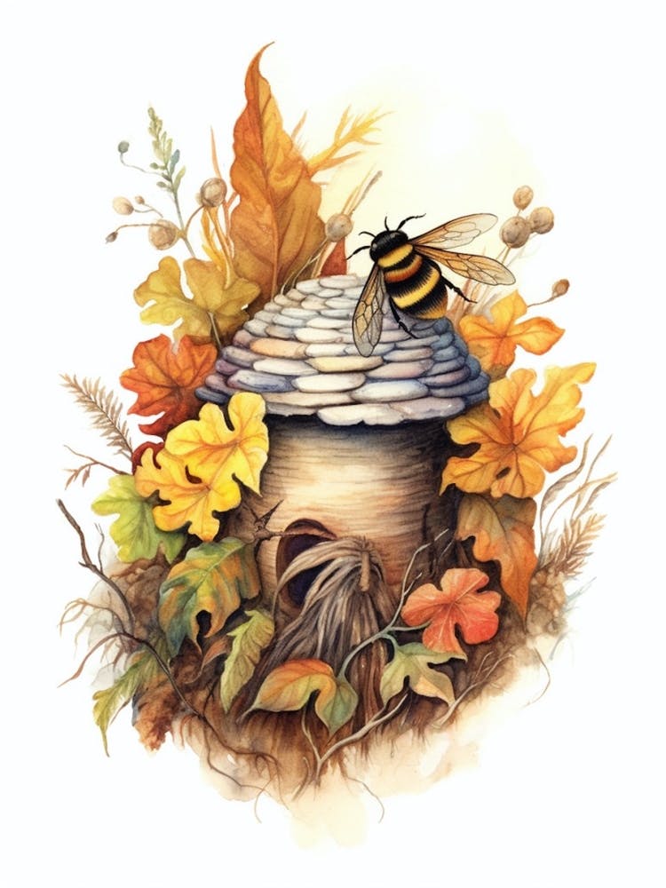Red Tailed Bumble Bee Beehive Watercolour Illustration 2