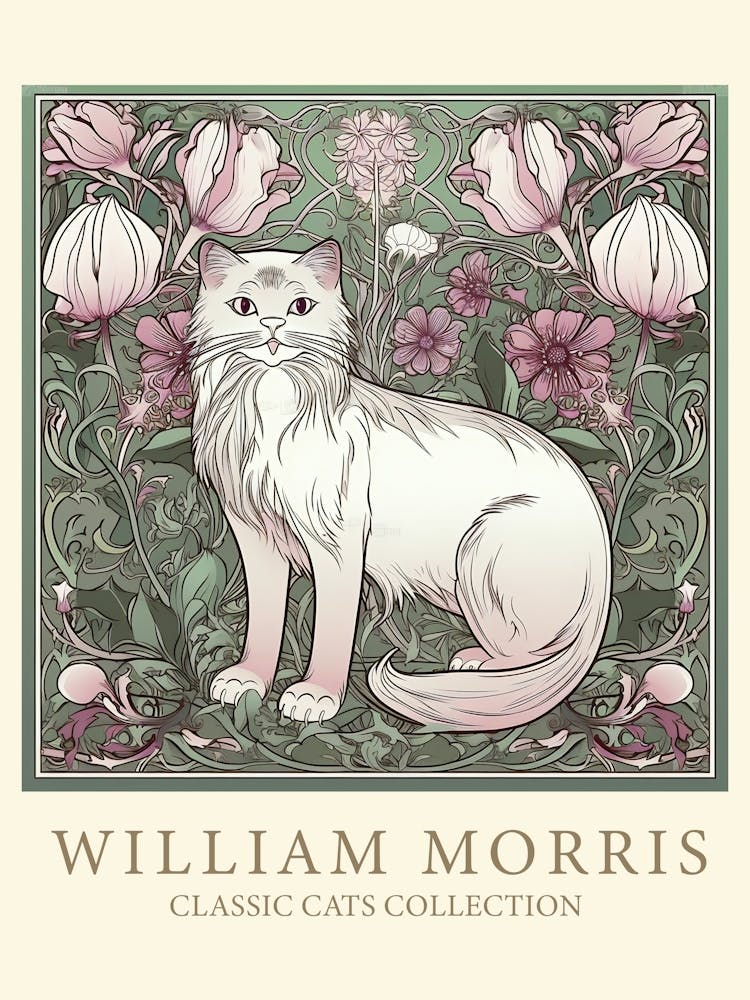 William Morris  Inspired  Classic Cats White Cat Sage And Pink