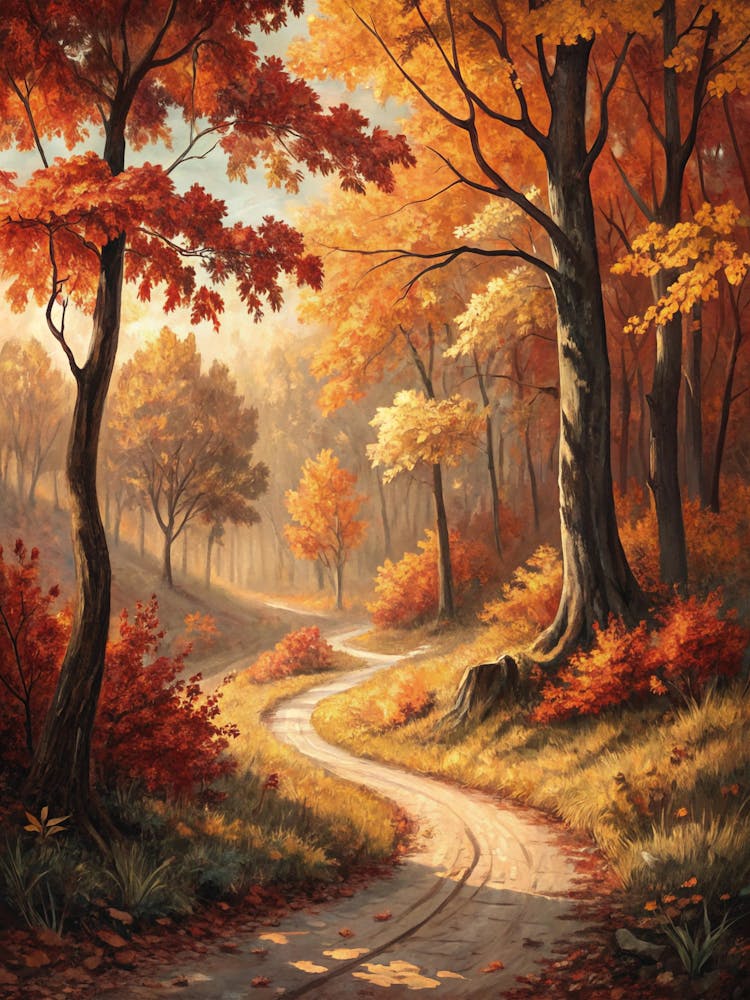 Oil Painting Style Autumn Forest In Warm Earthy