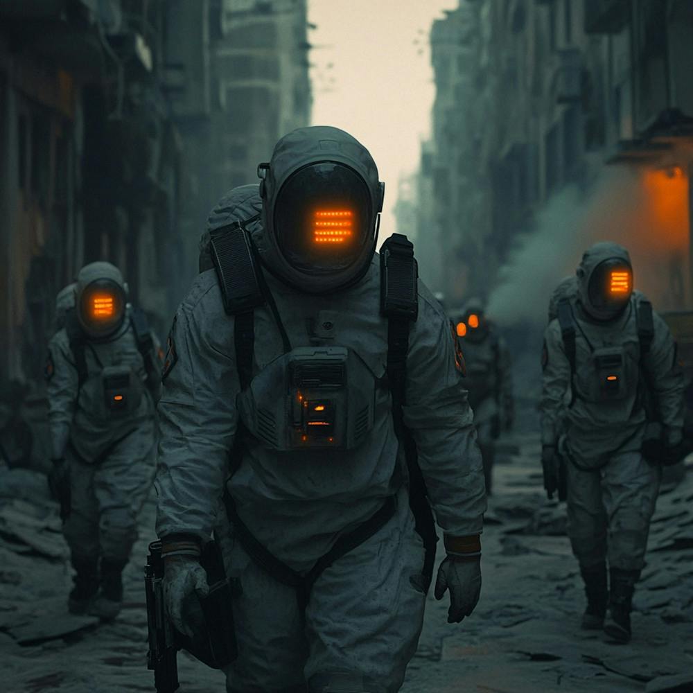 A Look At A Futuristic Post Nuclear Landscape, Partially Damaged Cities And Abandoned Buildings, A Team Of Professionals In High Tech And Stylish, Lightweight Radiation Suits, Led Indicators, Masks With Integrated Filters And Sensors 1