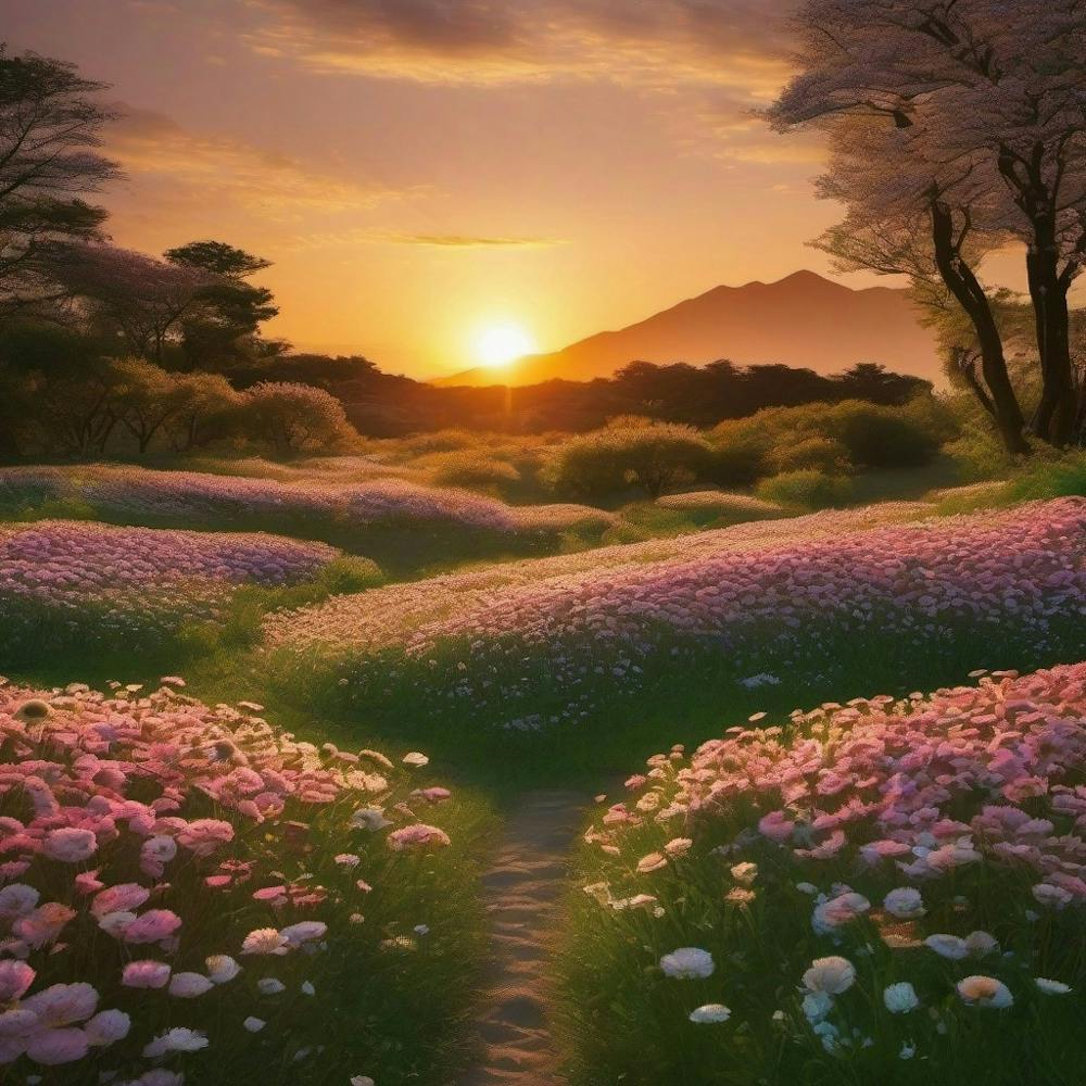 Sunset In A Flower Field
