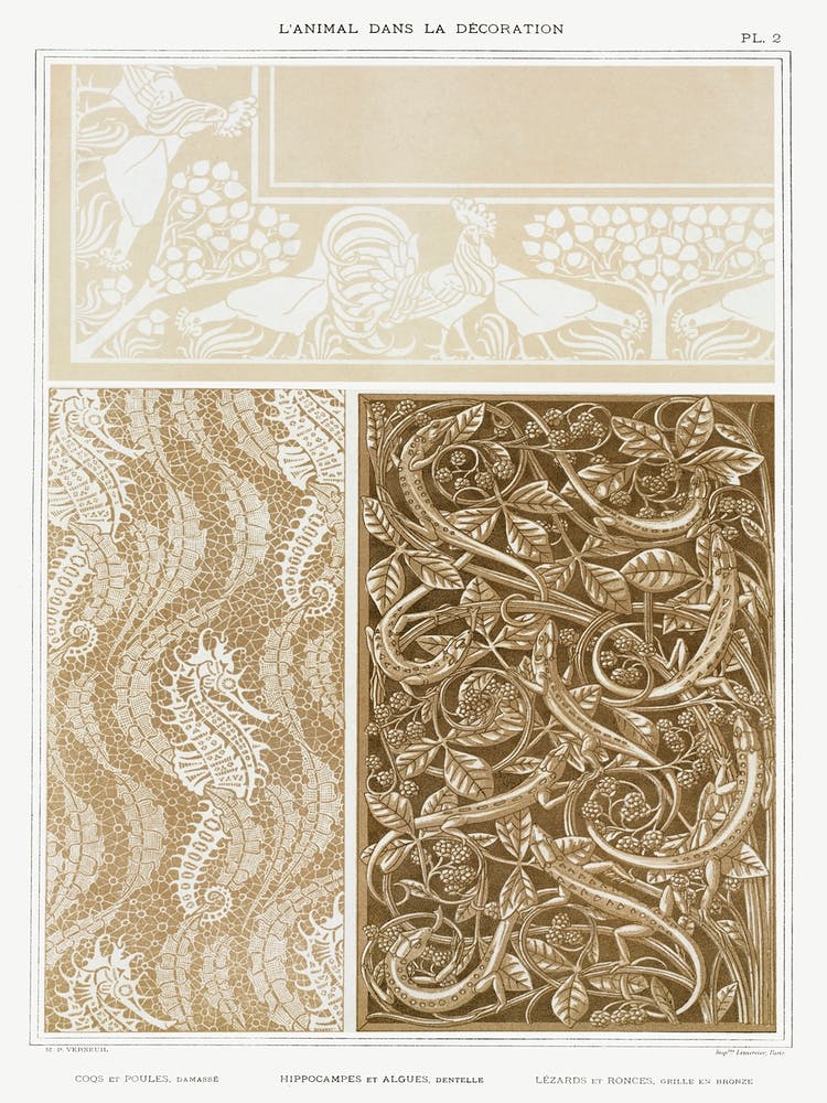 Roosters And Hens; Seahorses And Seaweed; Lizards And Brambles From The Animal In The Decoration (1897), Maurice Pillard Verneuil