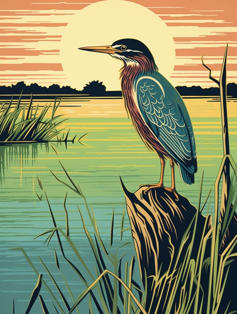 Vintage Bird Linocut Green Heron 2