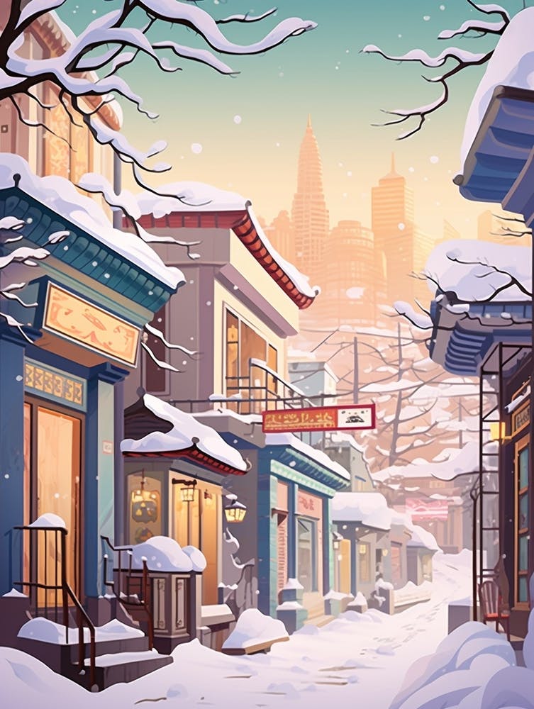 Vintage Winter Travel Illustration Seoul South Korea 3