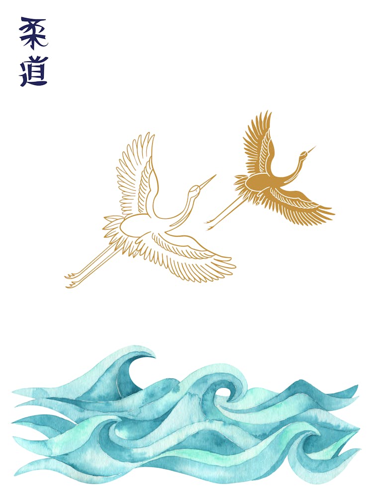 Japanese Gold Cranes and Waves Mid Century Modern Minimalist Art Watercolor Painting