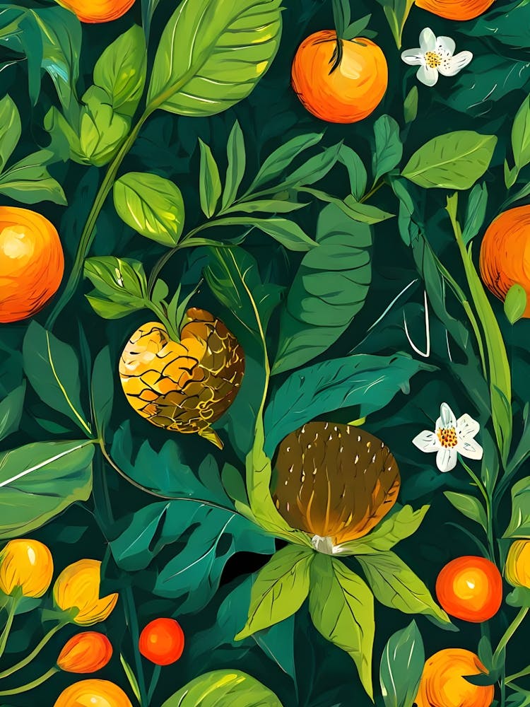 Seamless Pattern With Oranges And Flowers