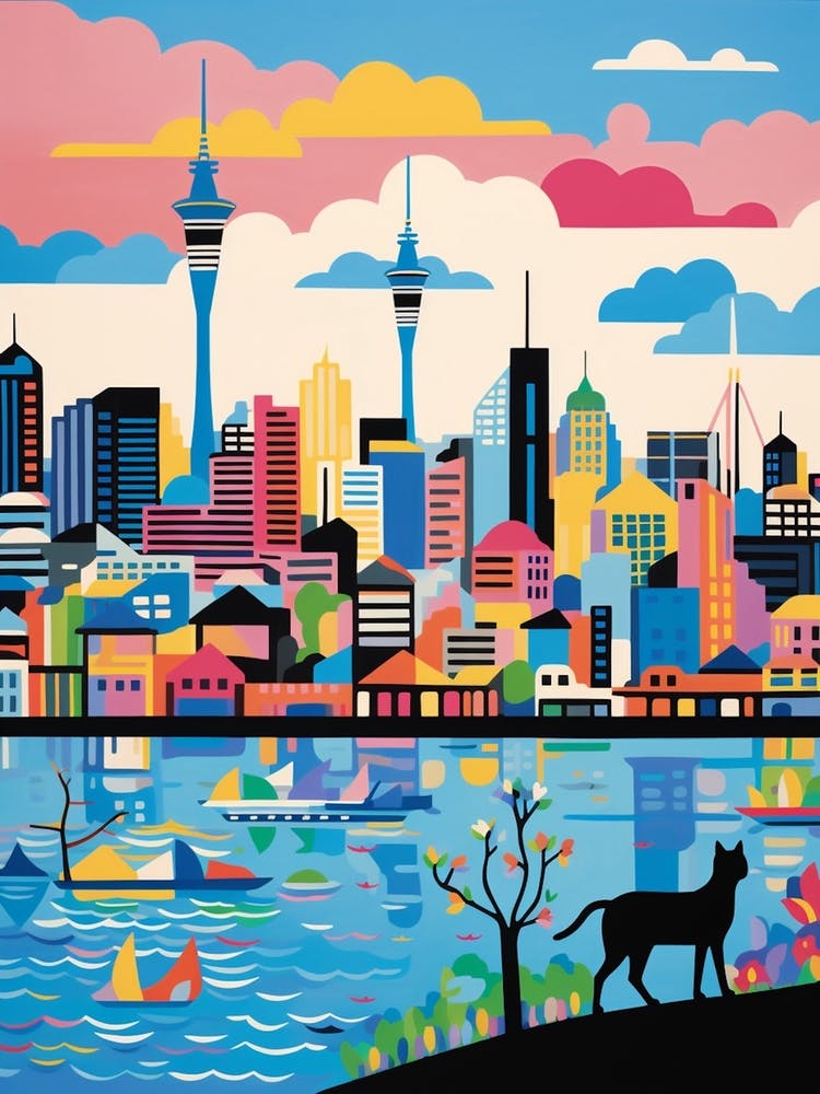Auckland, Nouvelle-Zélande Ligne d'horizon Avec Un Chat 0