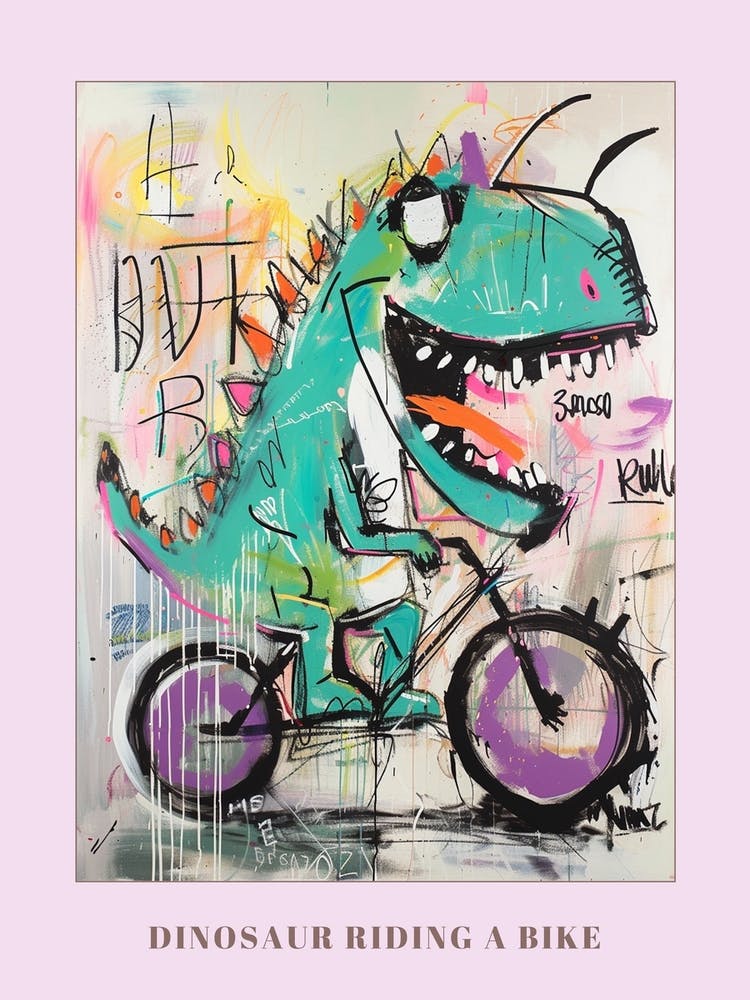 Dinosaur On A Bike Pink Purple Graffiti Style Illustration 3 Poster