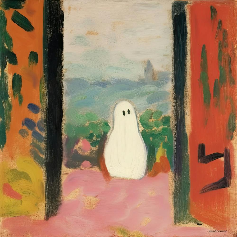 Open Window With A Ghost, Matisse Style, Spooky Halloween Square 0