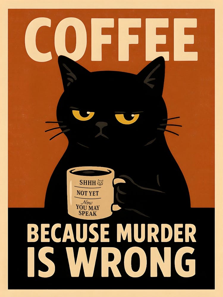 Sarcastic Coffee Cat – Vintage Morning Poster: This vintage-style cartoon cat is not a morning person. Featuring sarcasm, caffeine cravings, and grumpy humor, this black cat poster is perfect for the kitchen. Whether sipping from a mug or rolling its eyes