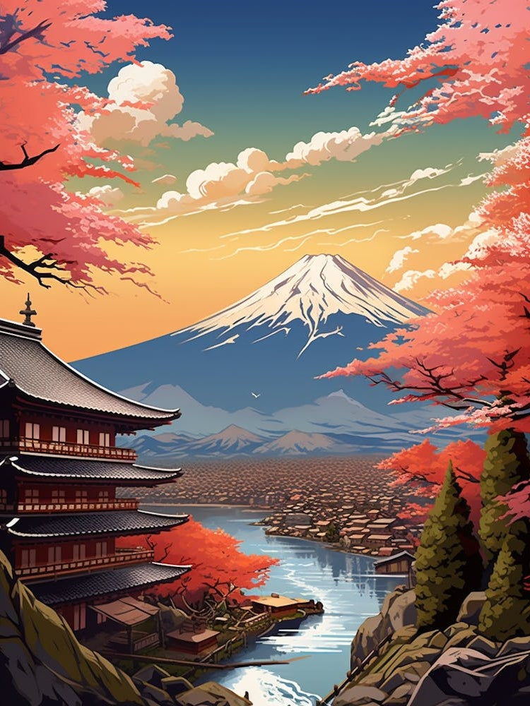 Mountains And Hot Springs Japanese Style Illustration 6