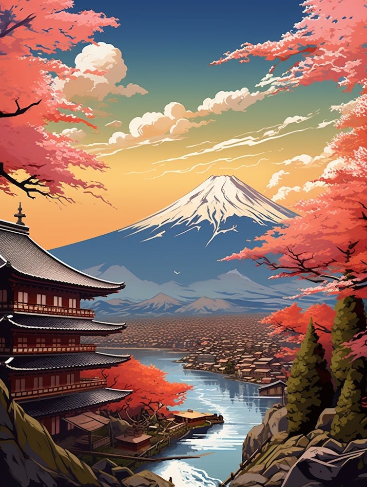 Mountains And Hot Springs Japanese Style Illustration 6