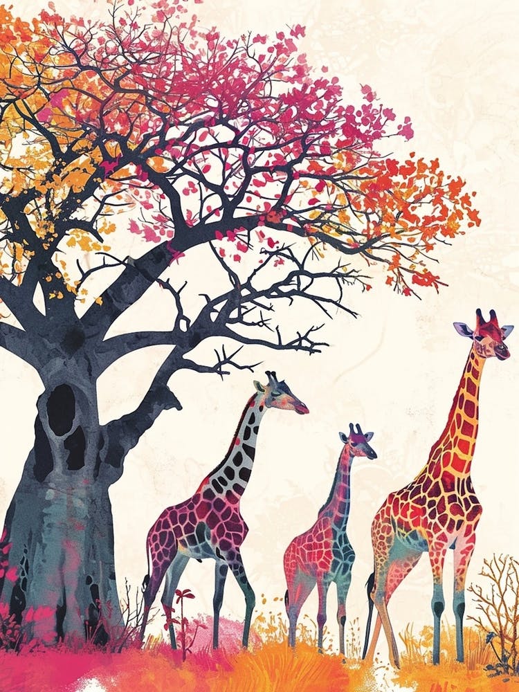 Giraffe Herd Under The Tree Watercolour 3