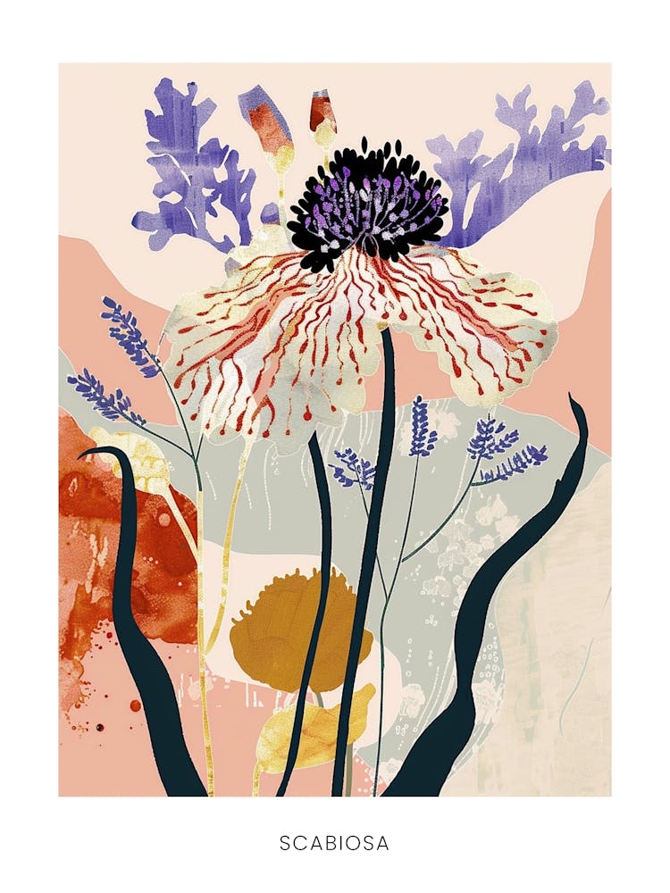 Colourful Flower Illustration Poster Scabiosa 1