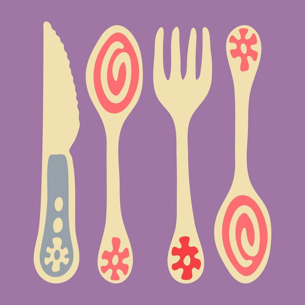 CUTLERY Pop Art Utensils Knife Spoon Fork in Vintage Retro Lavender Pink Red on Purple Kitchen