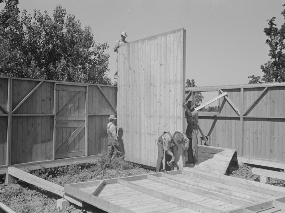 Barn Erection, Raising Interior Panels Into Place On Top Of Girder, Southeast Missouri Farms Project By Russell Lee
