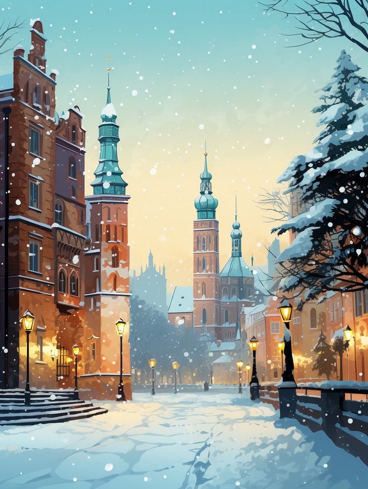 Winter Travel Night Illustration Krakow Poland 3