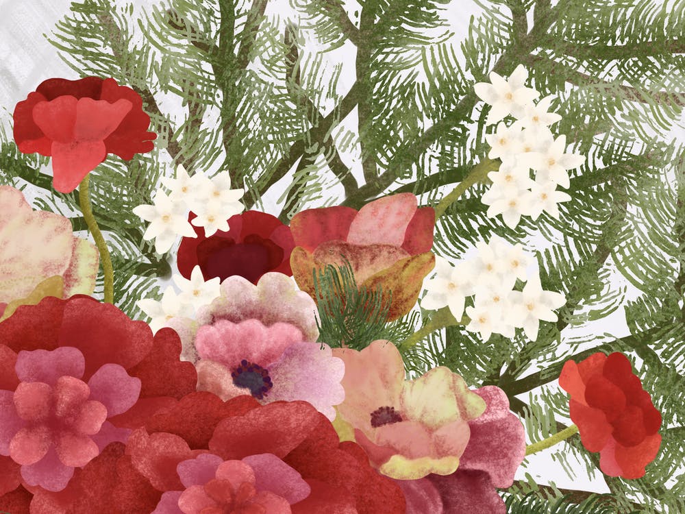 Rote und weiße Blumen Grüne Blattanordnung