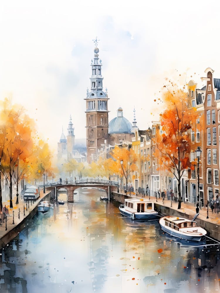 Amsterdam, Netherlands In Autumn Fall, Watercolour 2