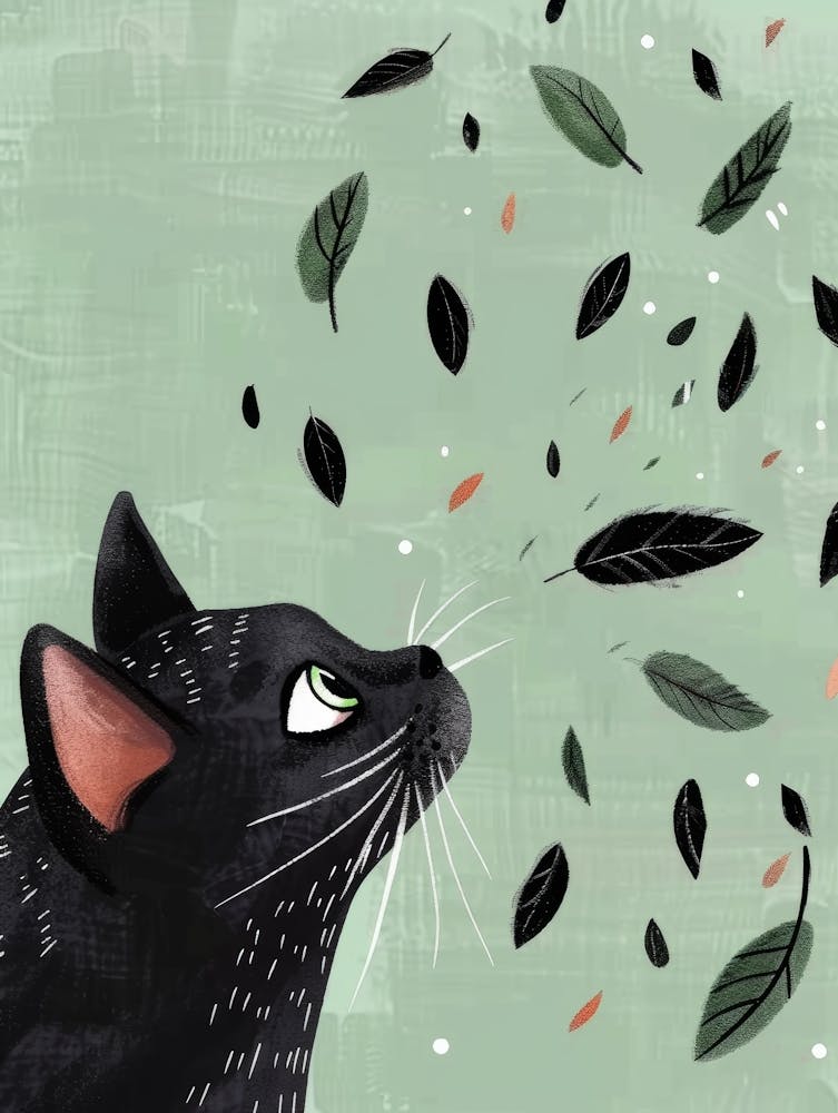 Black Cat With Leaves 1