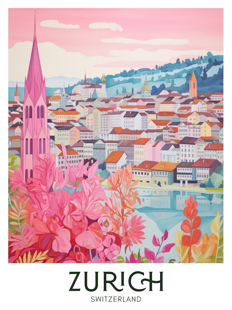 Zurich, Switzerland Maximalist Travel Poster Vibrant Colour 