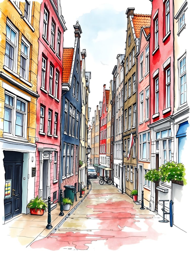 Watercolor Street In Amsterdam