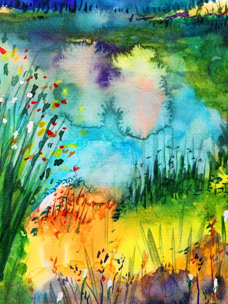 Vibrant watercolor landscape showcasing a serene pond surrounded by colorful wildflowers and lush greenery