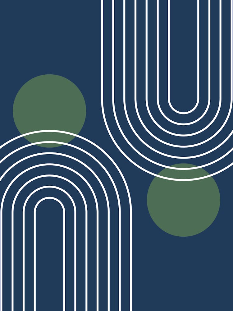 Géométrique Mid Century Modern C17 En Bleu Marine Et Vert Forêt (Abstraction Arc-en-ciel Et Soleil) 01