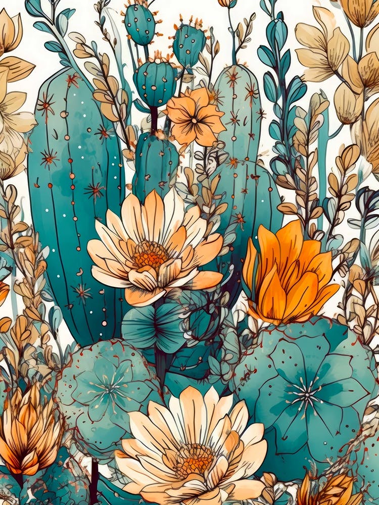 Cactus And Flowers Seamless Pattern nature flora