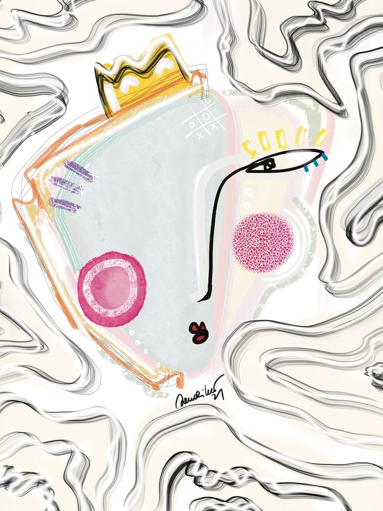 Abstract Face With Pink Cheeks And A Crown On Patterned Background