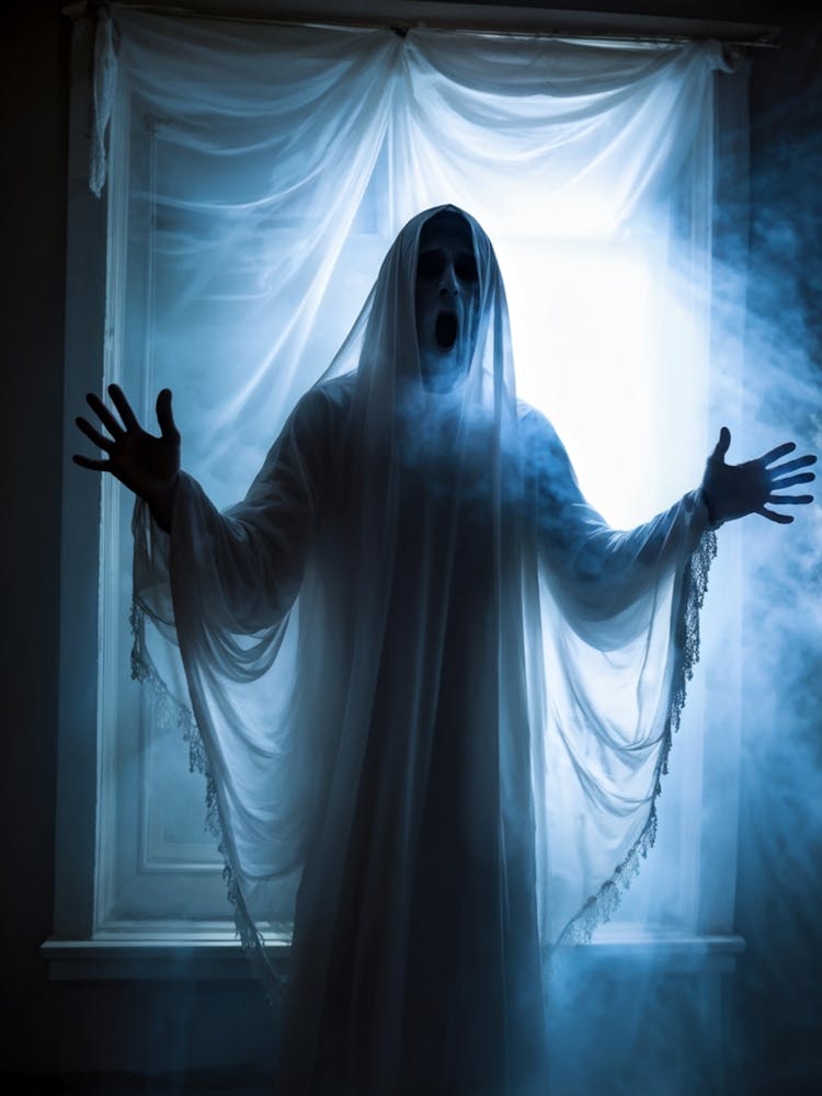 Ghostly Apparition Shrouded In Ethereal Veil Representing Religious Blindness Man Trapped In A Curt