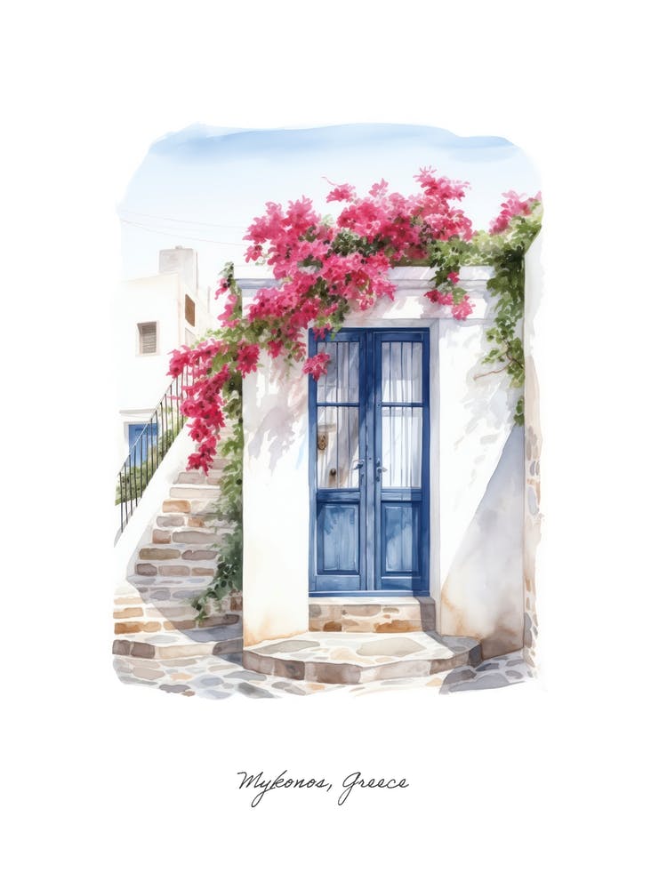 Mykonos, Greece   Mediterranean Doors Watercolour Painting 3 Poster