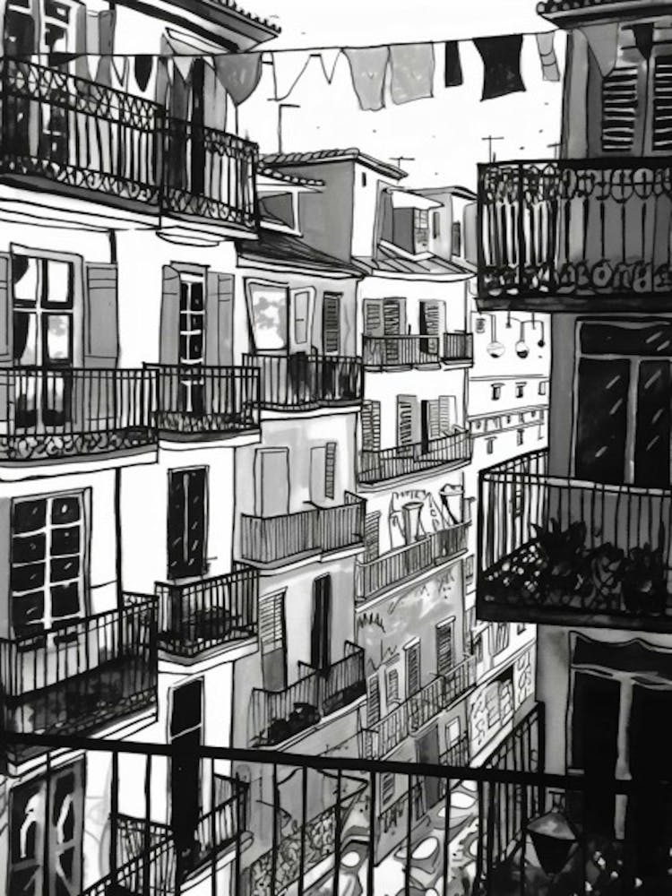 A Window View Of Barcelona In The Style Of Black And White  Line Art 4