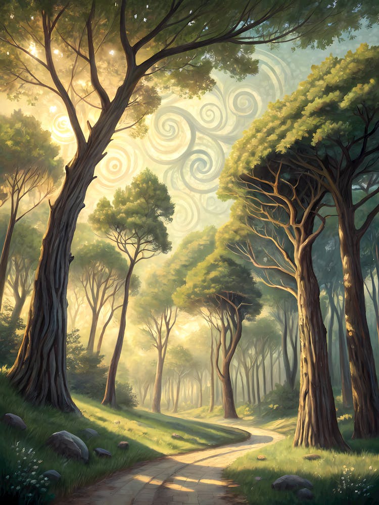 Magical Forest Path oil Painting Enchanting Woodland Landscape with Tall Trees and Swirling Sky