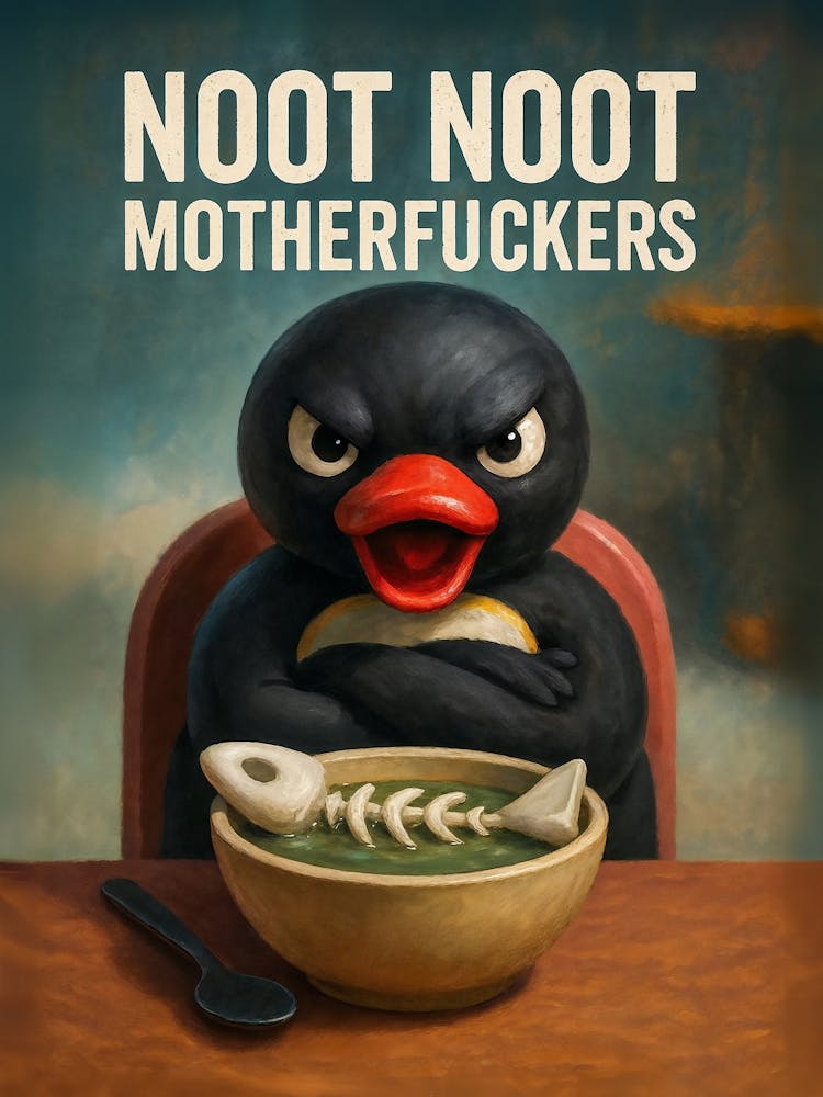 This cute penguin brings big pingu energy with a side of noot noot! A perfect mix of funny, vintage, and meme vibes, this cartoon penguin art adds quirky humor to your kitchen or foodie space. For all the motherfuckers who love penguins, pop art, and a go