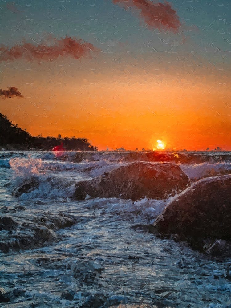 Restless Sea, Sunset, Oil Painting