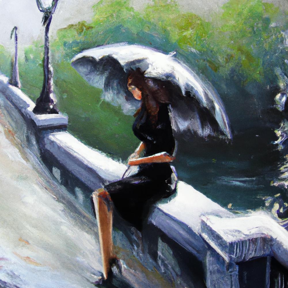 An oil painting of a woman sitting on the bench wearing a black dress holding a umbrella