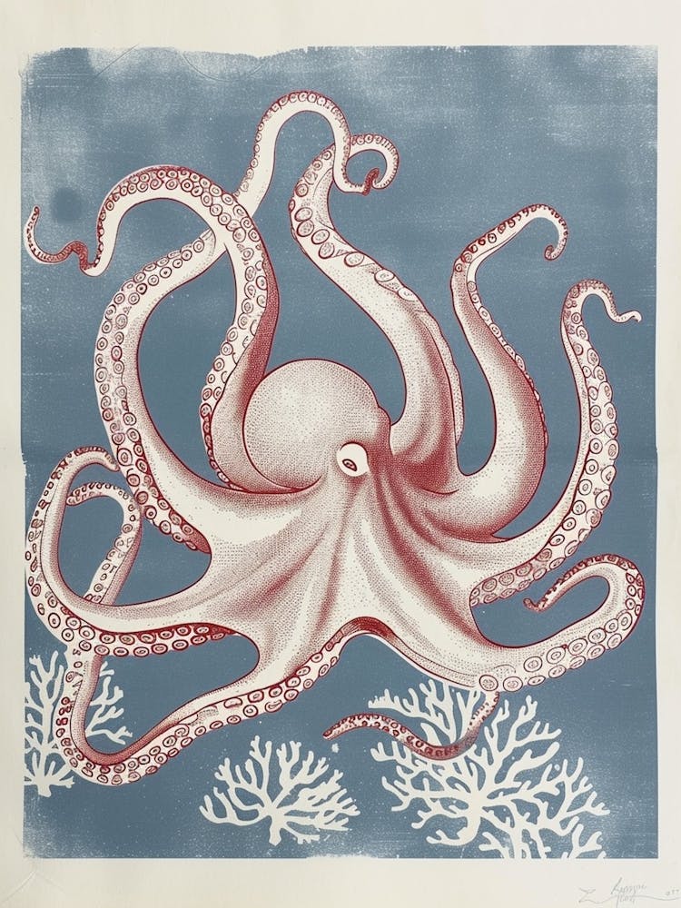 Octopus Linocut Style With Aqua Marine Plants 1