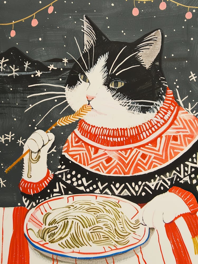 Black And White Cat Eating Pizza Folk Illustration 5