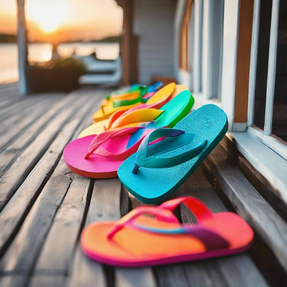 Colorful Flip Flops on beach house porch