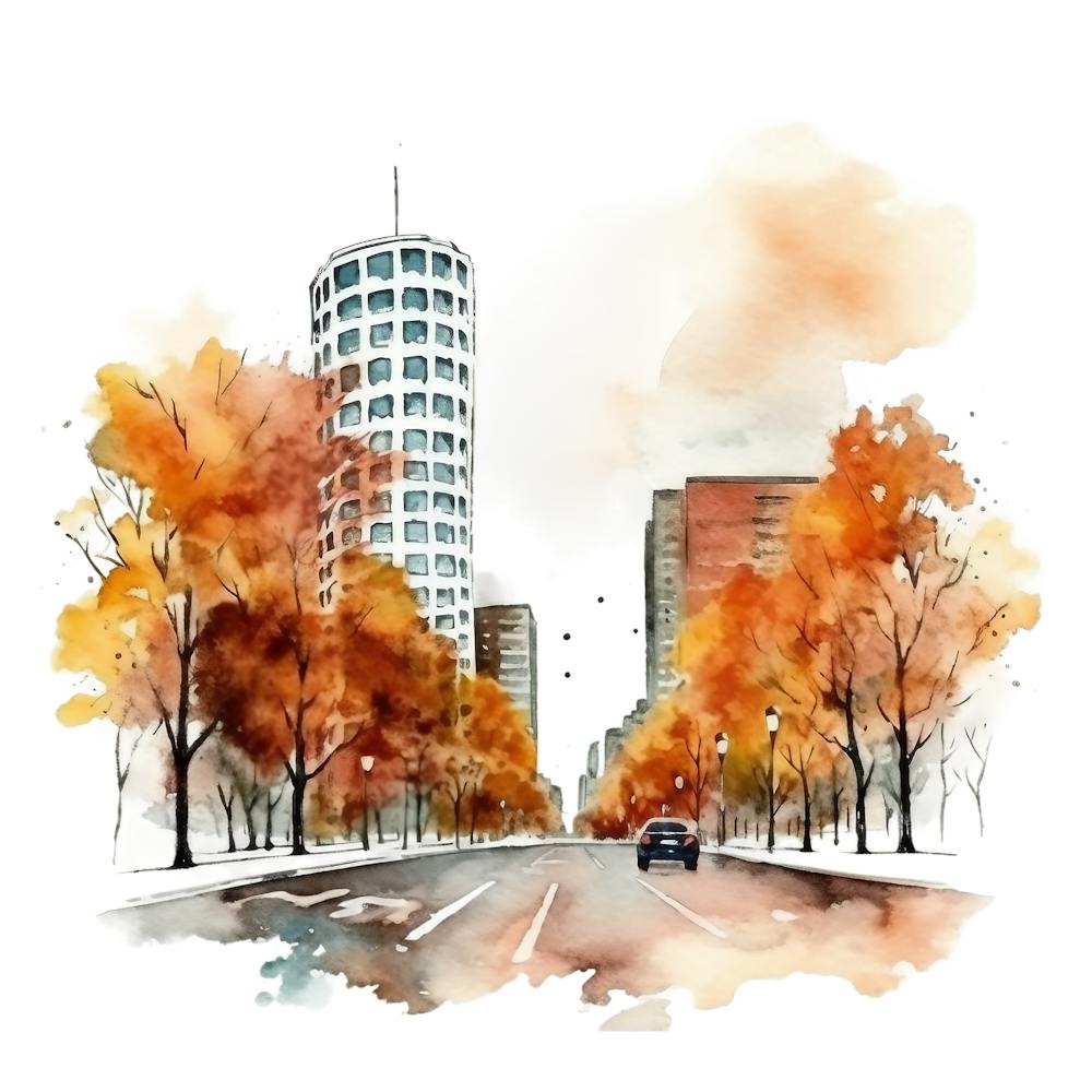 Watercolor Autumn Cityscape