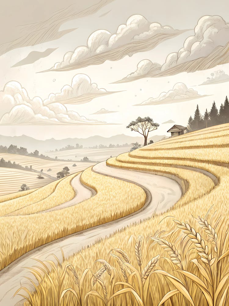 Minimalist Ink Sketch Of Golden Rice Fields Unde